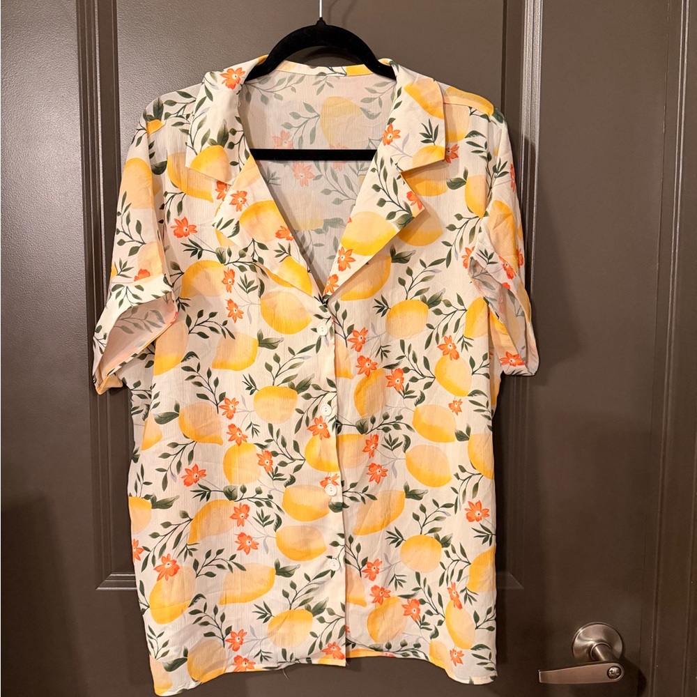 Lemon Print Short Sleeve Button-Up Shirt